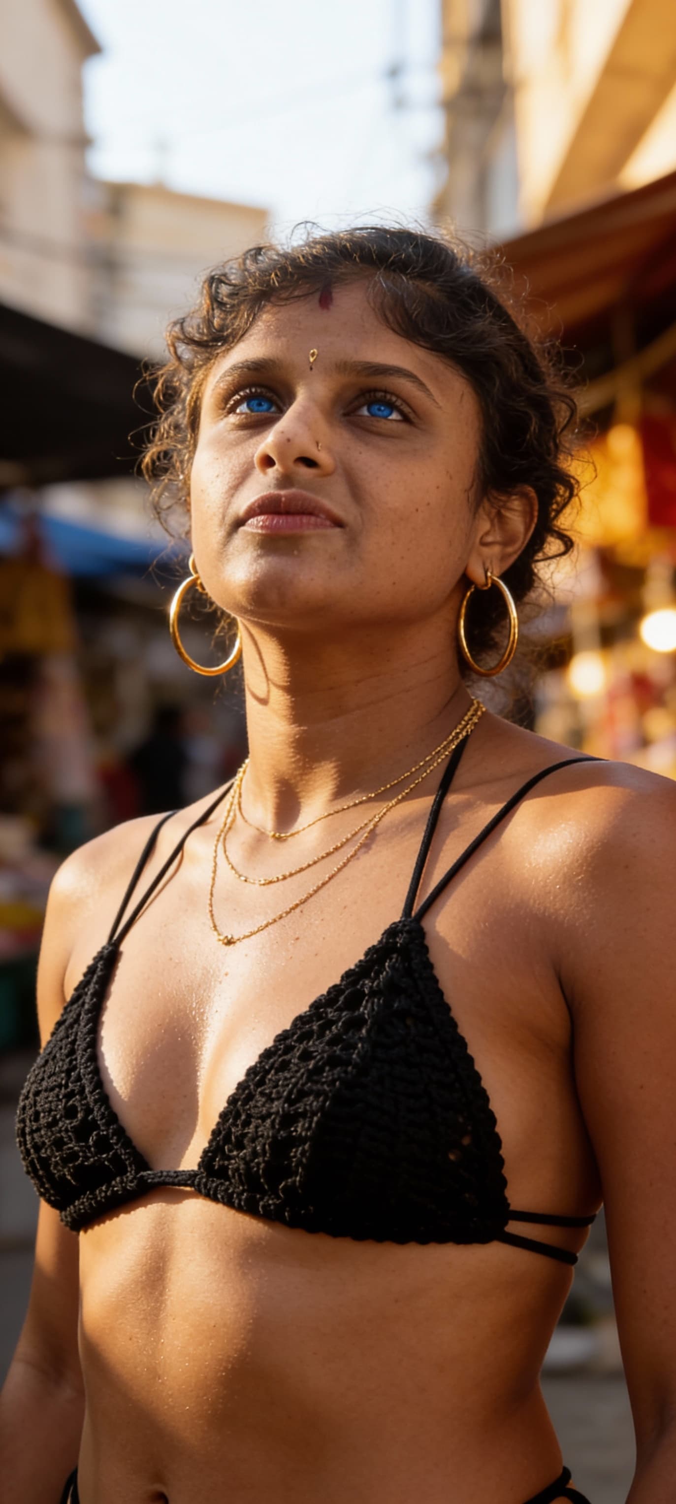 AI generated: A fit 25yo woman with curly dark hair and bright blue eyes, standing in a well-lit urban environment...