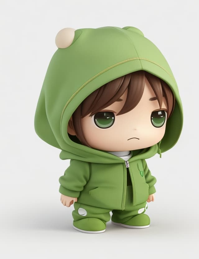 AI generated: 3D animation character minimal art toy , a chibi boy , very sad brown sharp eyes ,bronze hair, frown...