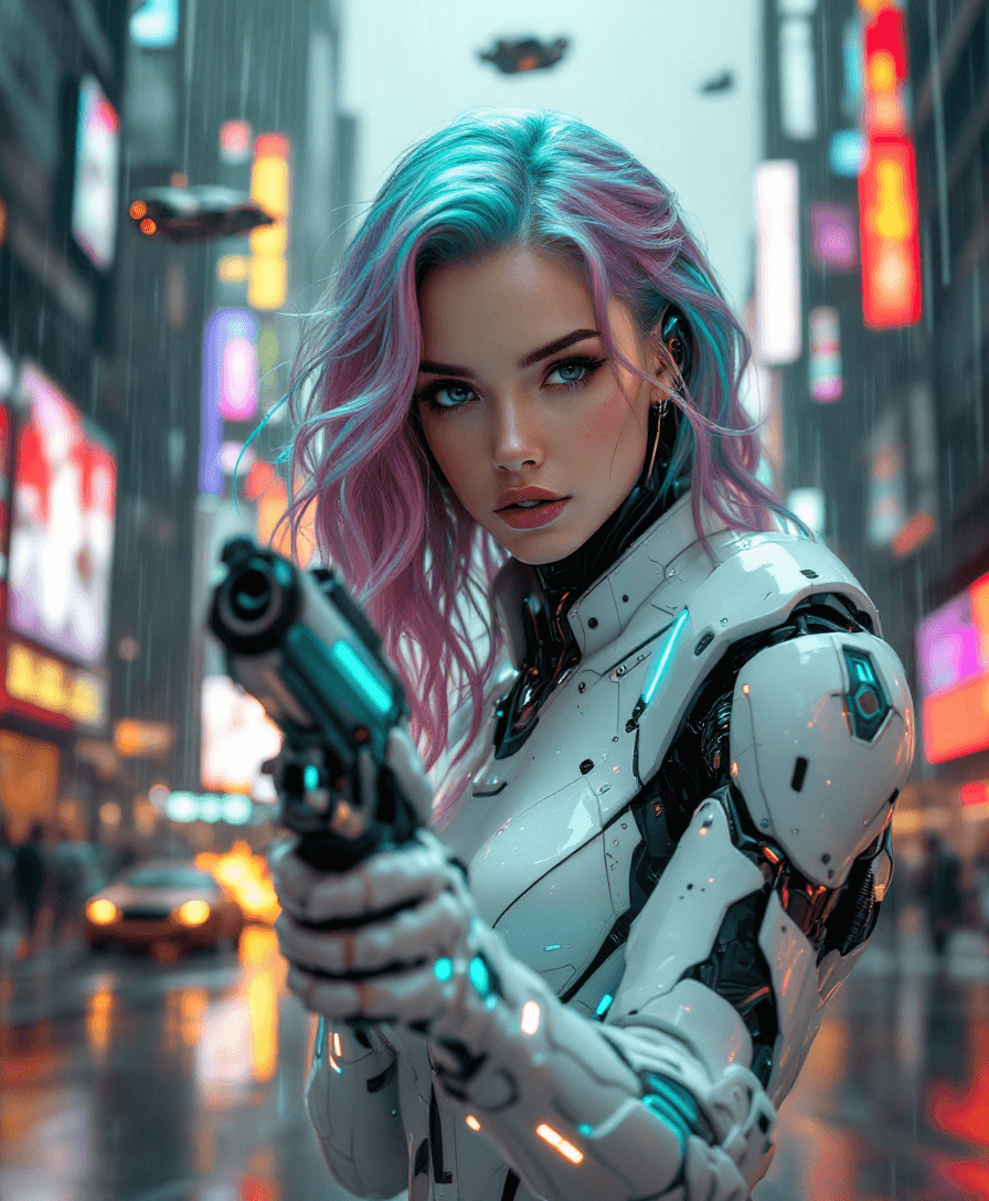 AI generated: A beautiful masterpiece (8K) full-body portrait of a 20-year-old brunette cyborg looking straight at...