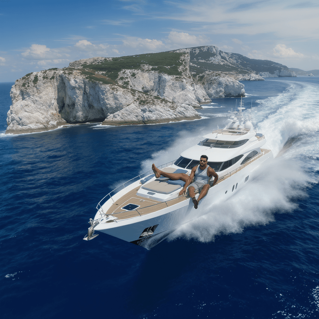 AI generated: 28 year old afircan american male on yacht in croatia. Fly over in unreal engine 
