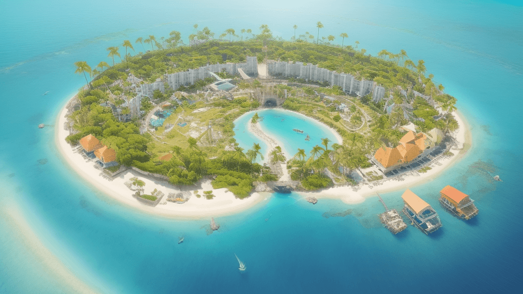 AI generated: sunny island from a  bird's eye view