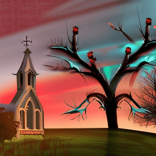 AI generated: horror church, dying trees, cloud, grave, red sky