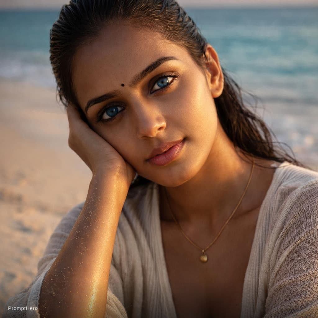 AI generated: A cinematic, photorealistic portrait of a woman relaxing on a sun-drenched tropical beach at golden ...