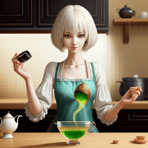 AI generated: cute slender youg woman in a kitchen made out of fractals pouring tea into a smartphonen 