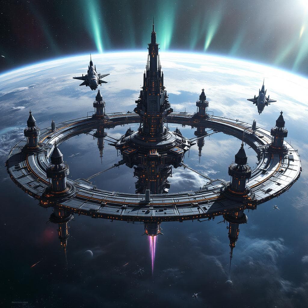 AI generated: “A massive orbital space station in Earth's upper orbit, capable of docking ten massive interplaneta...