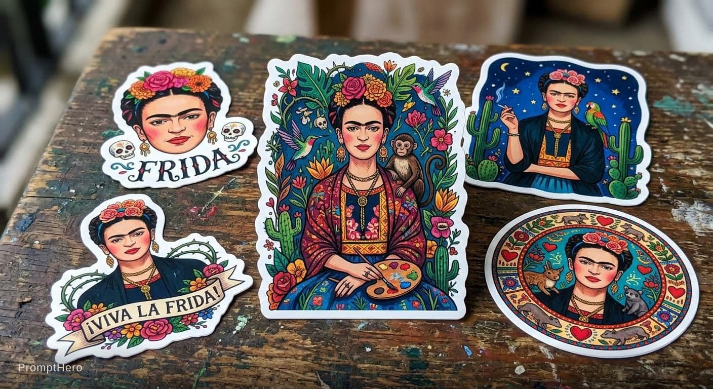 AI generated: stickers of a cool [Frida Kahlo] in [Frida Kahlo] style --v 5.2

