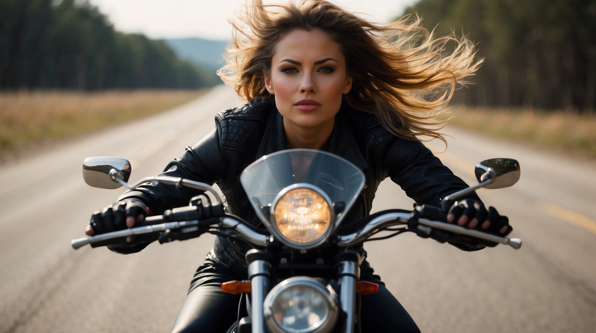 AI generated: A stunningly attractive and daring female motorcyclist, perfect face, and body.