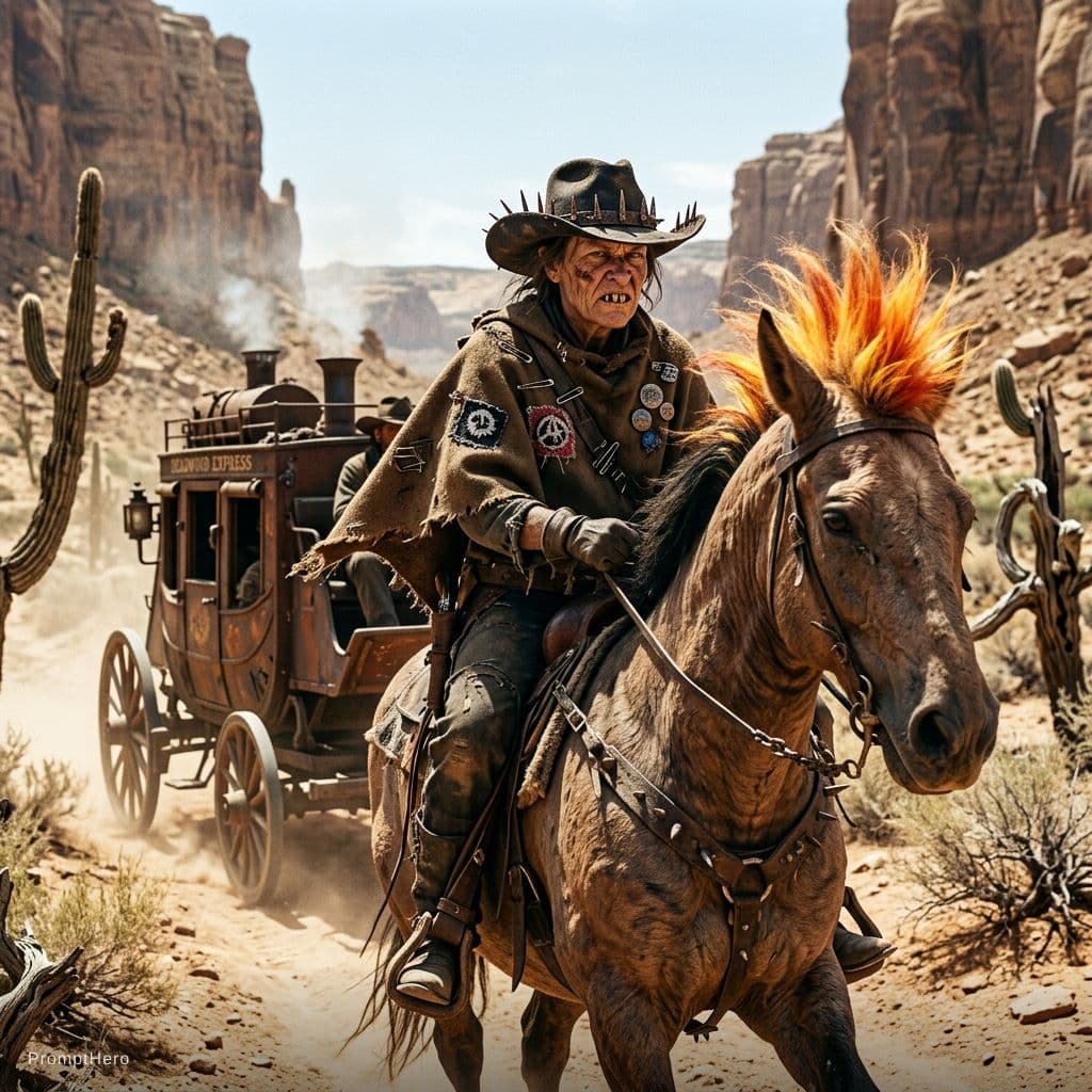 AI generated: A menacing woman outlaw with exaggerated crooked nose, grimy face, and rotten jagged teeth beneath a...