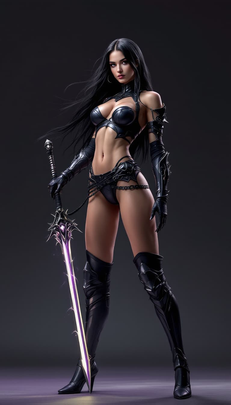 AI generated:  majestic full-body portrait of a breathtakingly beautiful girl with a long, glowing plasma sword, c...