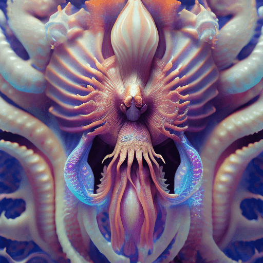 AI generated: Goddess close-up portrait ribcagel. jellyfish phoenix head, nautilus, orchid, skull, betta fish, bio...