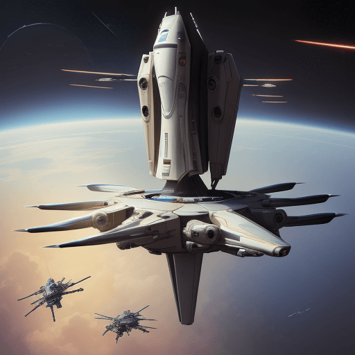 AI generated: Drone view of a futuristic  spacecraft launch pad, with a futuristic spacecraft taking off, in the s...