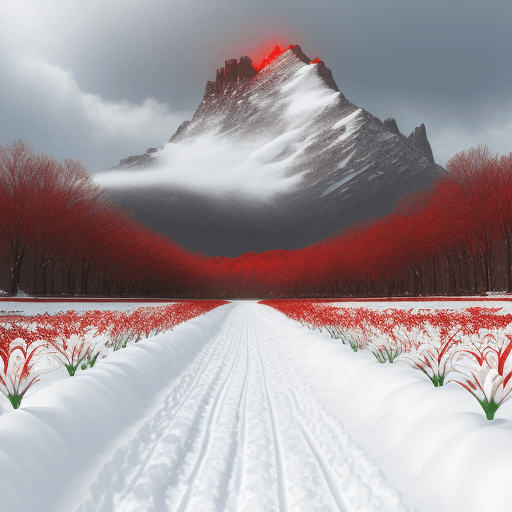 AI generated: Snow scenery, Snow road, blooming red lilies, two crumbled black towers in the distance, cloudy
