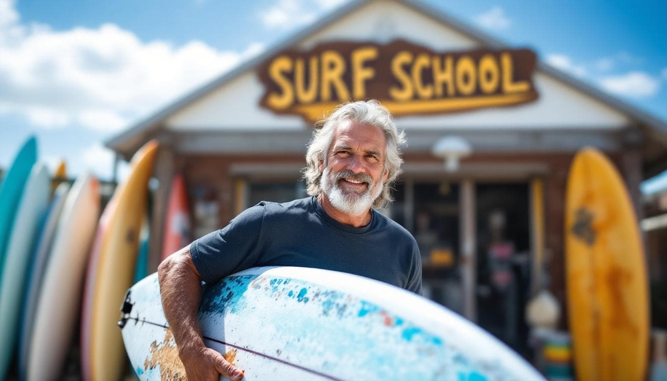 AI generated: A surf school owner, that is a 40 year old surfer, in front of his surf school.