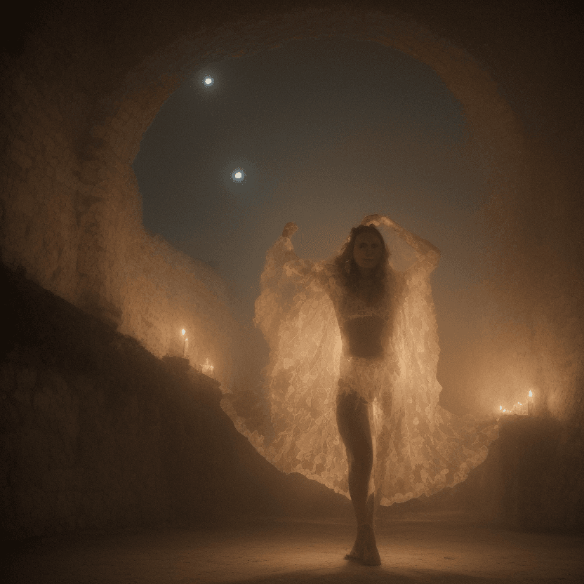 AI generated: Rays of bright full moonlight, torchlight and candle light dance around her, casting a whimsical glo...