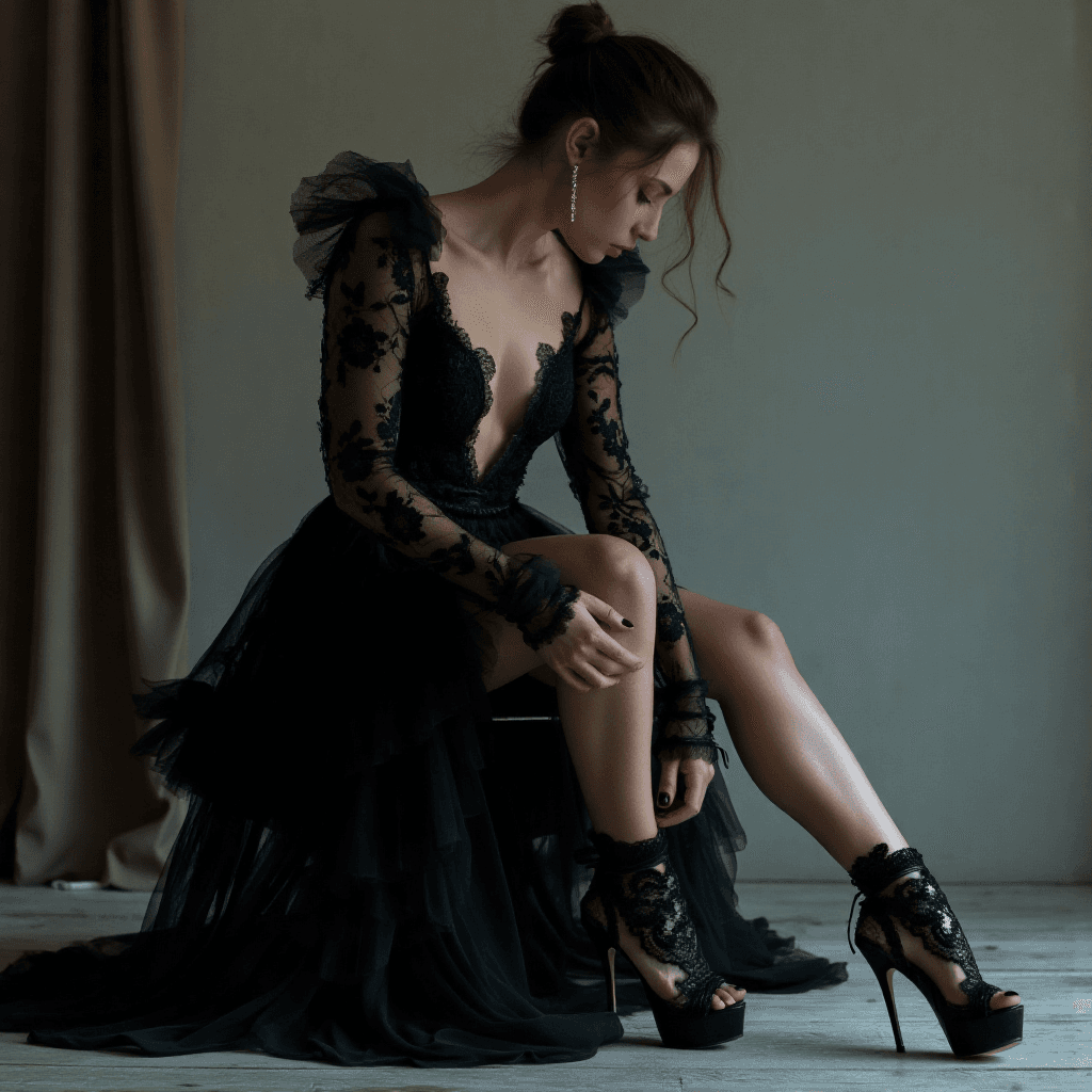 AI generated: (naked:1.1) instagram model in black with open high heels, open lace luxury dress, in the style of m...