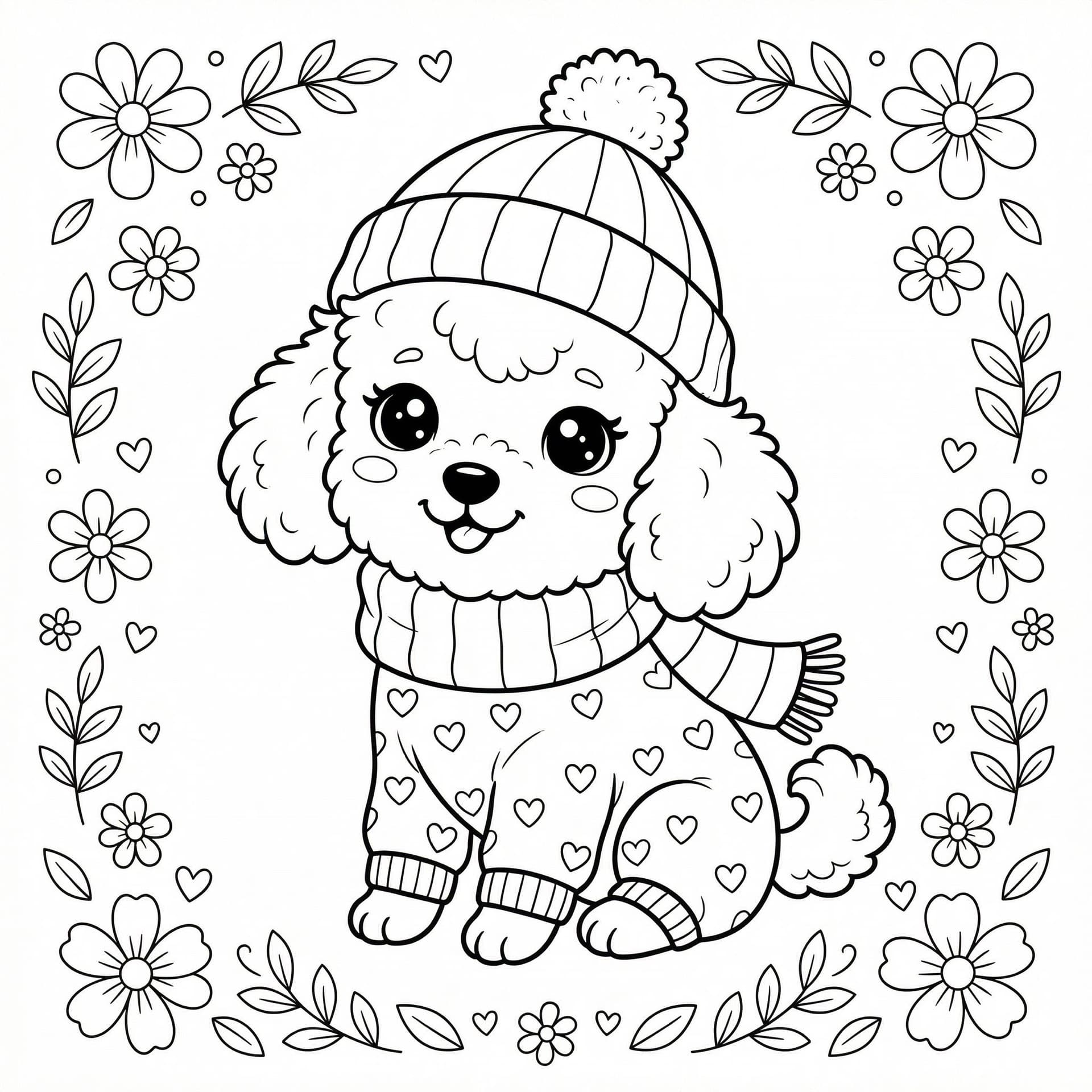 AI generated: Adorable fluffy poodle puppy sitting happily, big sparkling eyes, sweet smile, wearing a cute bobble...