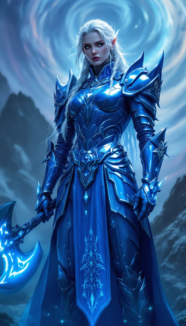 AI generated: An ultra-realistic, full-body portrait of an imposing cerulean Valkyrie, exuding an aura of stoic st...