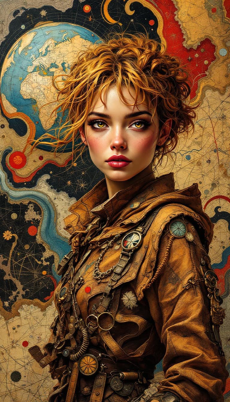 AI generated: "Bronze Cartographer in a World of Shifting Maps": A captivating abstract painting features a cartog...