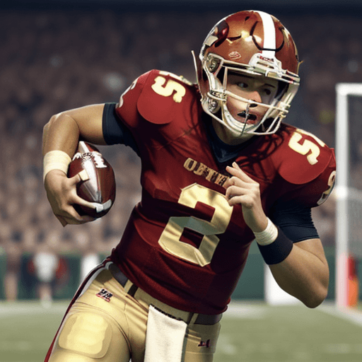 AI generated: A football player, like a QB, athletic, in a red and golden uniform