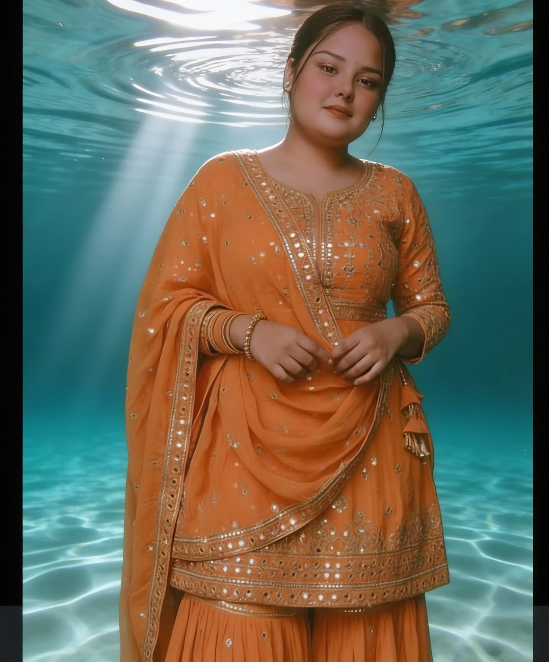 AI generated: A serene underwater scene with gentle ripples on the water's surface, illuminated by beams of sunlig...