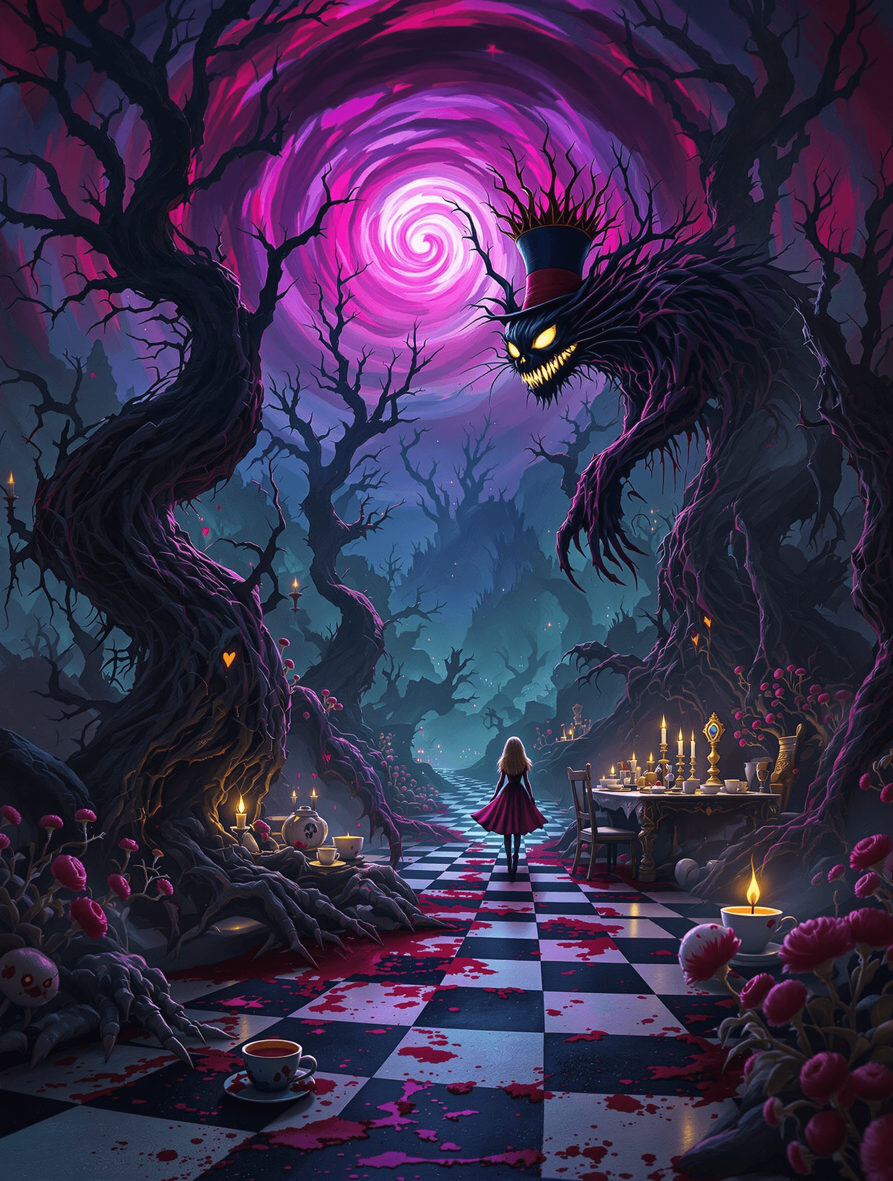 AI generated: A **dark and twisted Wonderland**, transformed into a **haunting nightmare**, unfolds under a **swir...