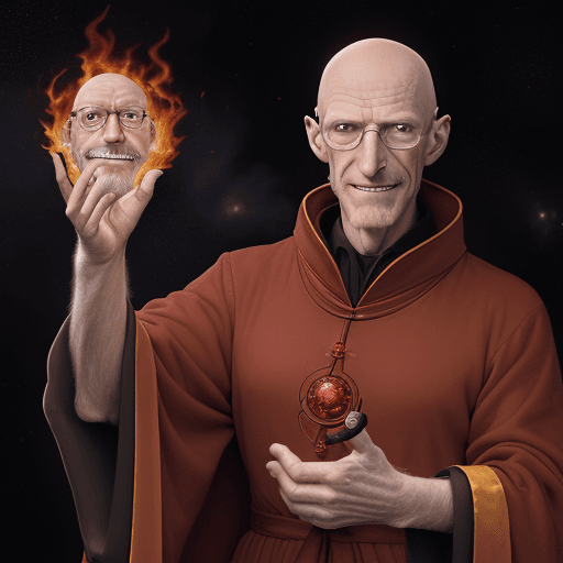 AI generated: professor  Farnsworth, realistic, dressed in red robes covered in mystic symbols stars and moons, ba...