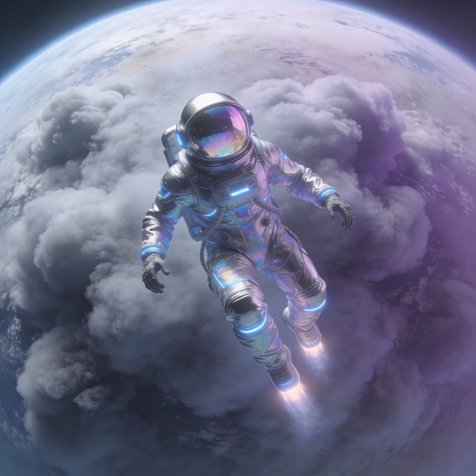 AI generated: hazme un astronauta futurista llegando a un planeta que parezca algodón de color morado grisáceo