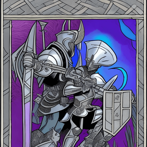 AI generated: A 2d comic illustration of a blue knight in silver armour slaying a purple demon with an enchanted l...