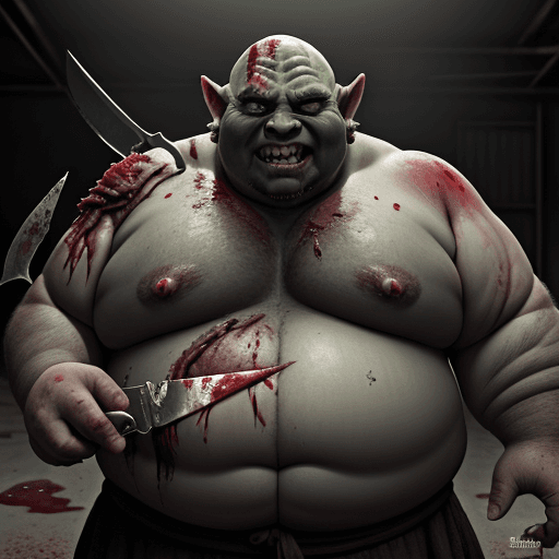 AI generated: a Orc that is fat that works as a Butchers that sells humans part in the background, a creepy smile,...