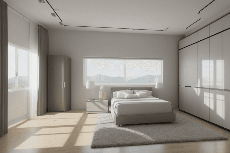 AI generated: interior design, modern master bedroom, bedroom with wardrobe, modern, window, wide angle, wideangle...