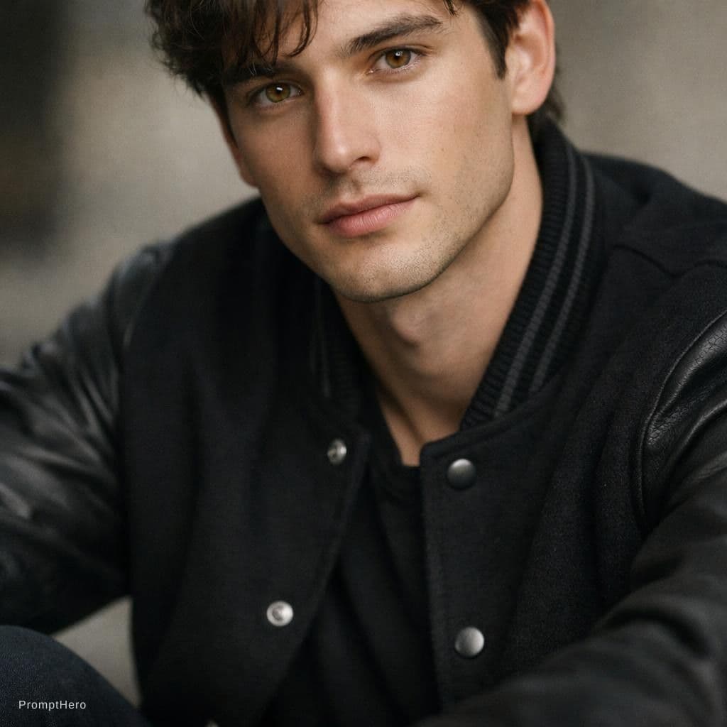 AI generated: A fit 24-year-old man with delicate features and honey-colored eyes. He is wearing a black college j...