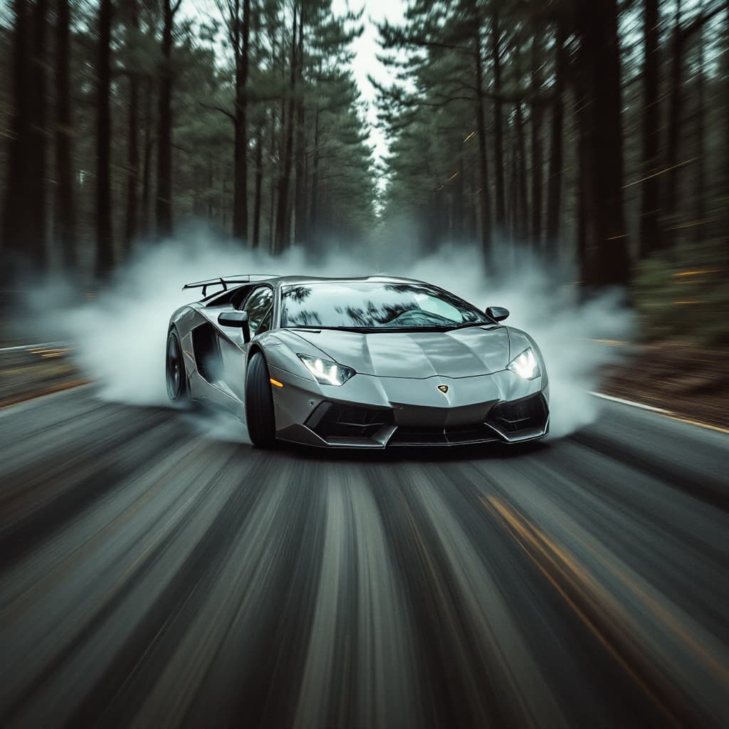 AI generated: A gray Lamborghini hurricane does drifts in a forest in the style of a grainy film filter effect. It...