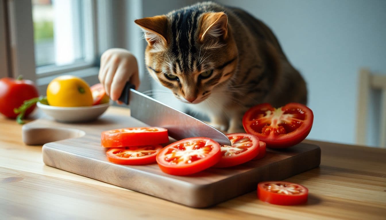 AI generated: cat cutting the tomato slices and every slice down on the wooden board 