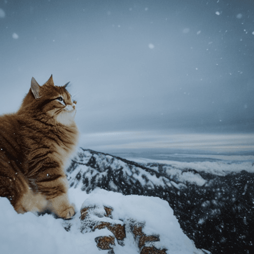 AI generated:  fluffy cat on a mountain top with snow jumping on camera lens