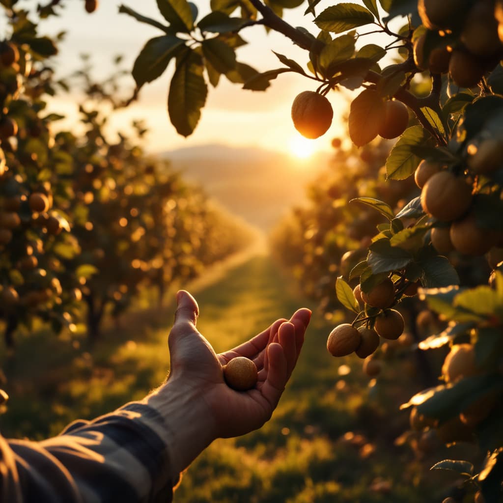 AI generated: A vast nut orchard at sunrise, golden sunlight illuminating trees filled with walnuts, almonds, cash...