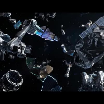 AI generated video: A slow dolly camera movement in outer space, gliding carefully to avoid floating robotic space trash...