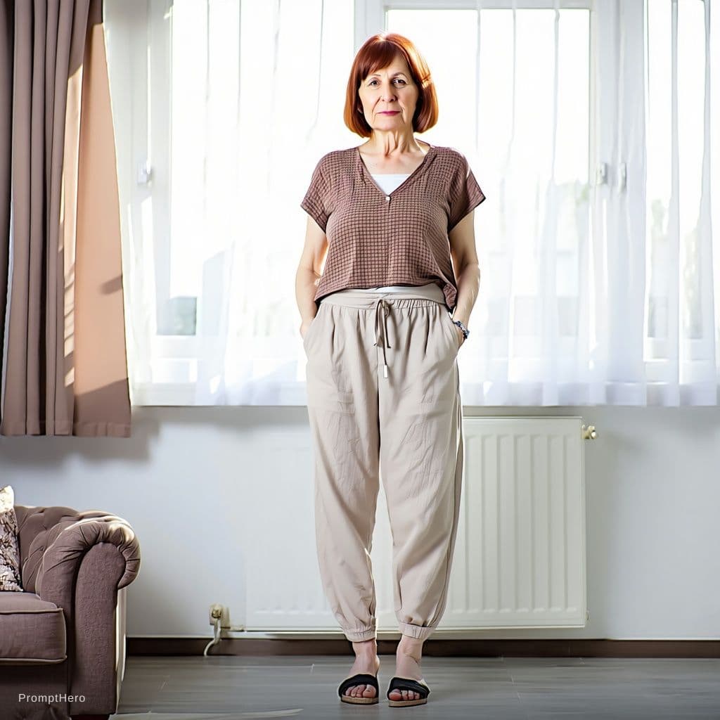 AI generated: A 40-year-old woman with a red bob cut, a size 8 bust, revealing home clothes, optional sandals, wed...