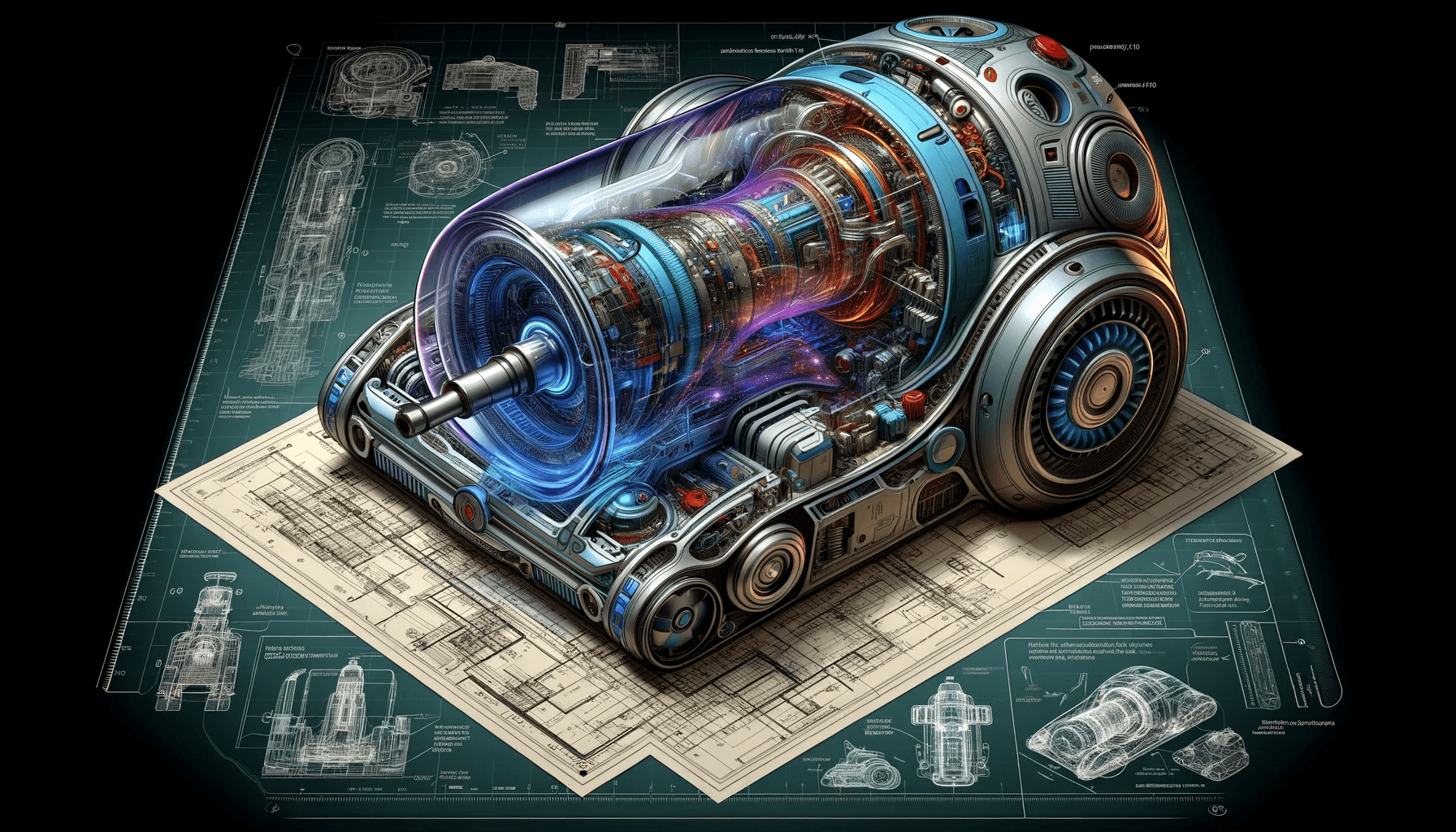 AI generated: Produce an ultra-realistic 3D technical illustration of a futuristic vacuum cleaner. The design shou...