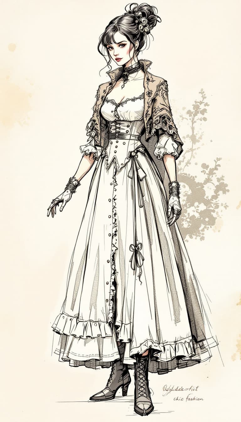AI generated:  Character sheet, "Demure vintage Steampunk", concept draught sketch fashion design for a retro 1800...