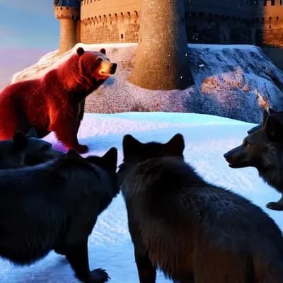 AI generated video: The black wolves surround the red bear with power, which is on the hill, some snow falls, the castle...