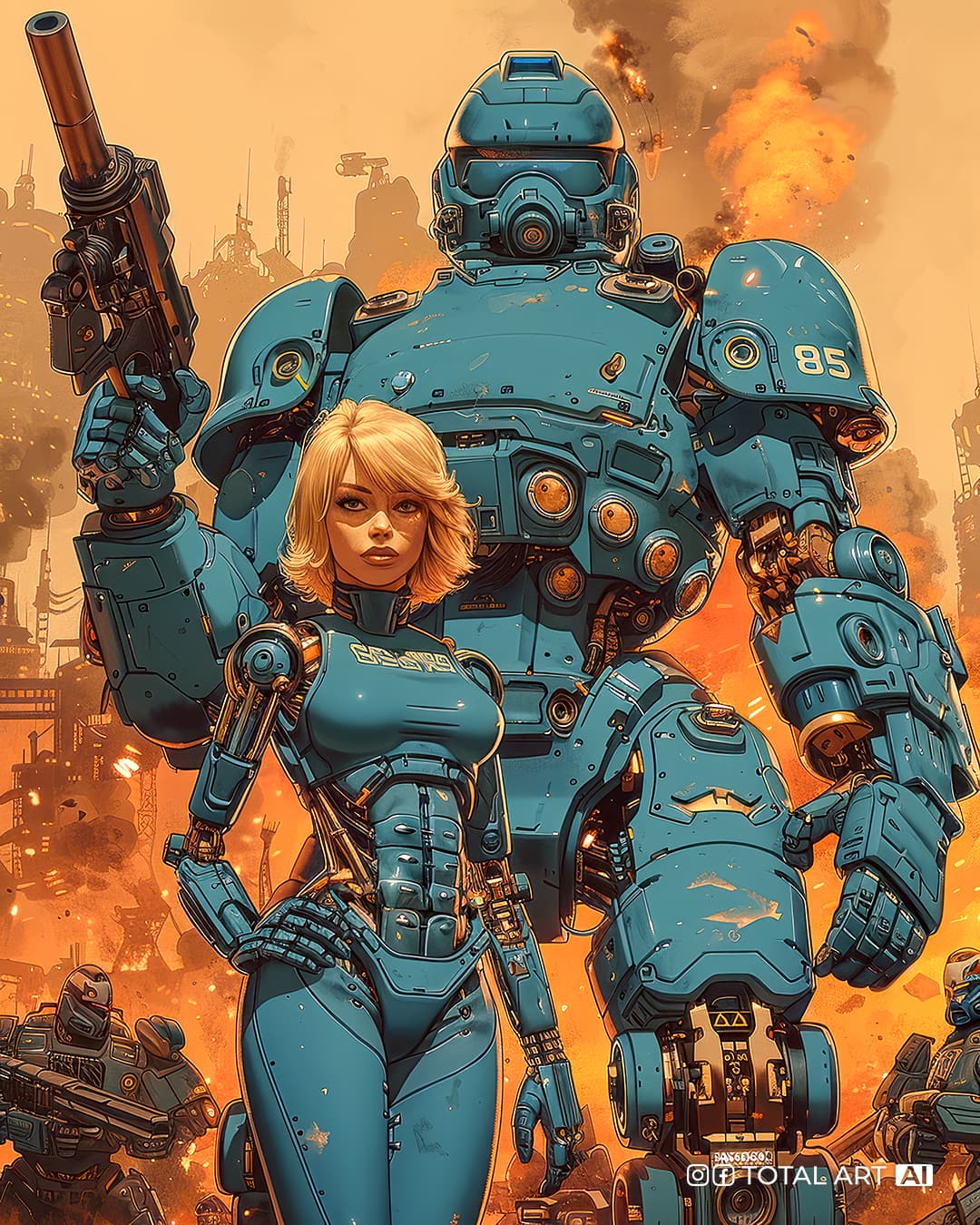 AI generated: Photorealistic comic book cover illustration by Travis Charest style of 85 mm full body view, mech w...