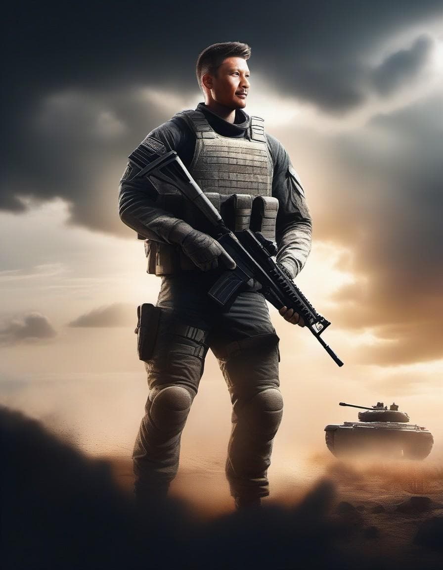 AI generated: mdjrny-v4 style highly detailed army soldier standing alone in the middle of the battlefield, sunbea...