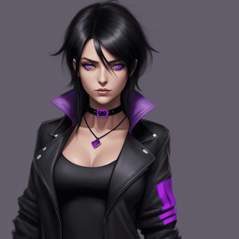AI generated: digital artwork of a female character with black hair and purple eyes, wearing a black jacket with a...