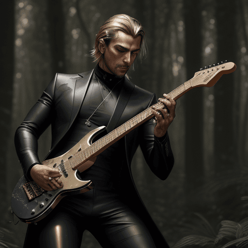 AI generated: a man in black with silver paint covering his body, is playing an electric guitar in the middle of t...