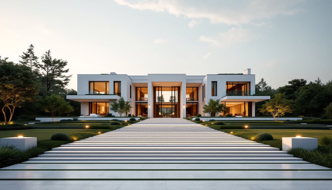 AI generated: modern house, (6 floors:1.2), long royal steps to entrance, to the left a long driveway leading beyo...