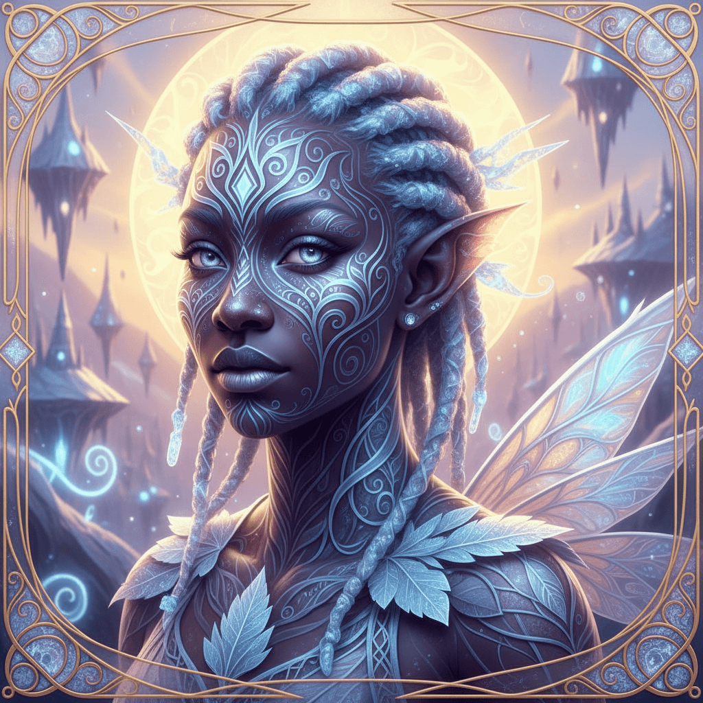 AI generated: A hyper-realistic, whimsical portrait of a futuristic dark-skinned fae, depicted at 400 pixels resol...