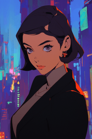 AI generated: a confident woman with a sleek ponytail and captivating brown eyes, wearing a tailored gray suit, is...