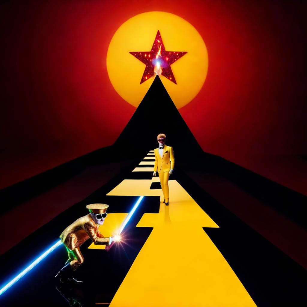 AI generated: Portrait of the Starman burning up his fuse on the Yellow Brick Road with Elton John. Neo surrealism...