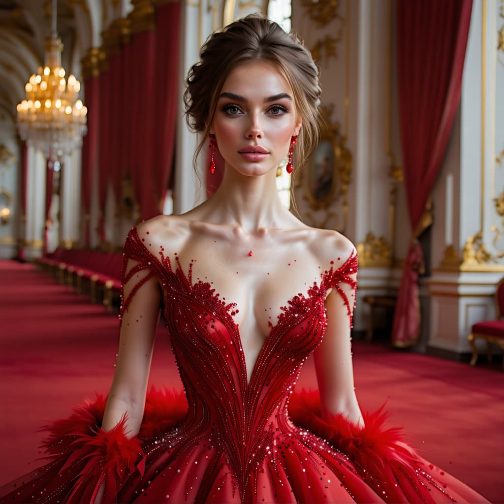 AI generated: magnifique femme en robe rouge faite de rubis et de diamants étincelants avec des détails complexes,...
