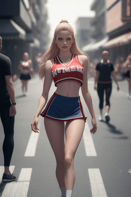 AI generated: flirting female standing on the street, cheerleader outfit, caucasian, people walking in background,...